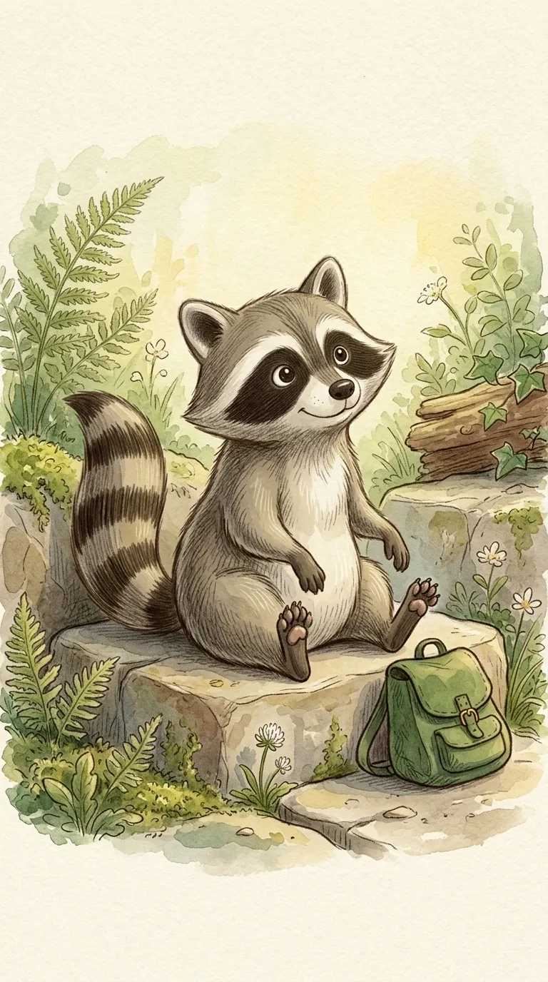 Rocco the raccoon packs his green backpack among the ferns.