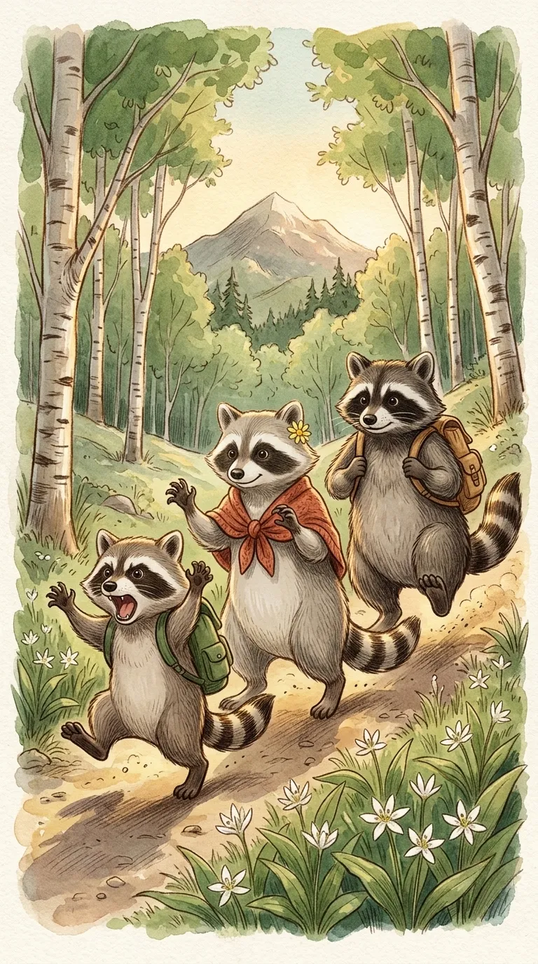 Watercolor illustration: three raccoon siblings hiking a forest trail toward a mountain, from the picture book 'Rocco & the Trail to the Top'.
