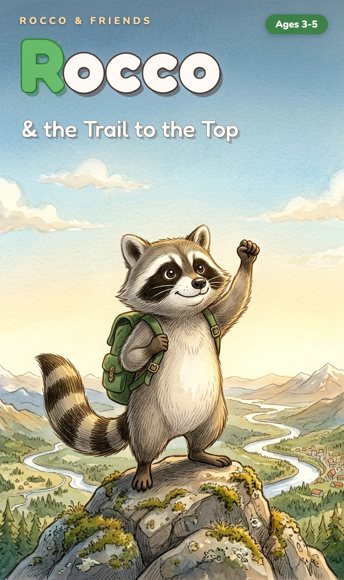Book cover: 'Rocco & the Trail to the Top' — a raccoon in a green backpack stands triumphant on a mountain peak above a valley. Ages 3–5.